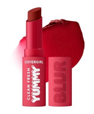 COVERGIRL Clean Fresh Yummy Blur Lipstick, Blurring Effect, Matte Lip Color, Sweet Pomegranate Flavored, Vegan Formula - 200 Blur the Pom (Blue Red)