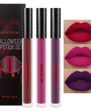 BADCOLOR 3 Colors Matte Liquid Lipstick Set, Purple Burgundy Rose Red Lip Stain for Women, High Impact Long Lasting Velvet Lip Stick, Nonstick Cup Smudge Proof & Waterproof Halloween Makeup Kit