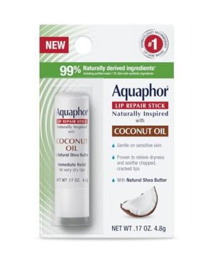 Aquaphor Naturally Inspired Lip Repair Stick with Coconut Oil and Natural Shea Butter, Hydrating Lip Balm Immediately Relieves Dryness, 0.17 Oz Stick