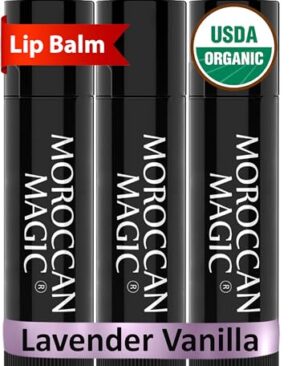 Moroccan Magic Organic Lavender Vanilla Lip Balm 3 Pack | Ultra-Hydrating Argan & Essential Oil Lip Moisturizer + Vitamin E | Natural Chapstick for Dry Lips | Smooth, Non-Toxic | Organic Lip Balm