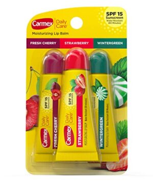 Carmex Daily Care Moisturizing Lip Balm Pack, Lip Balm With Sunscreen in Fresh Cherry, Strawberry and Wintergreen -0.35 Ounce (Pack of 3)