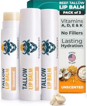 Moisturizing Tallow Lip Balm – Grass-Fed Beef Tallow with Organic Coconut Oil, Beeswax, and Vitamin E – Unscented Lip Balm Set – Travel Essential - 3-Pack