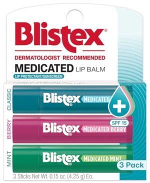 Blistex Medicated Lip Balm, 0.15 Oz Each, Classic, Mint and Berry Flavor, Soothes and Protects, Advanced Medicated Lip Care for Dry, Chapped Lips, SPF 15 Sun Protection, 3 Count, 1 Pack