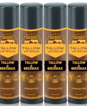 Untamed Organics Pure Tallow Lip Balm | 100% Grass-Fed Beef Tallow and Organic Beeswax | Moisturizing Lip Care for Dry, Chapped Lips | Hypoallergenic, Fragrance-Free | Handcrafted in USA | 4-Pack