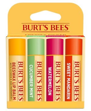 Burt's Bees Lip Balm - Original Beeswax, Cucumber Mint, Watermelon & Sweet Mandarin, With Responsibly Sourced Beeswax, Tint-Free, Natural Origin Treatment, 4 Tubes, 0.15 oz.