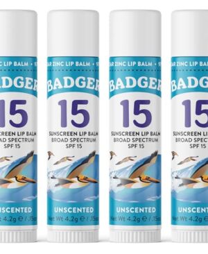 Badger Mineral Sunscreen Lip Balm SPF 15, Reef Safe, Zinc Oxide, Unscented, Travel Size, SPF Lip Balm Sunscreen Stick, .15 oz 4-Pack