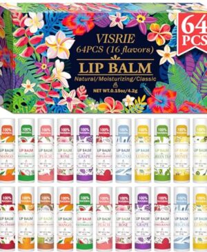 VISRIE 64 Pack Lip Balm, Natural Lip Balm Bulk with Vitamin E and Coconut Oil, Bulk Moisturizing Lip Balms for Dry Lips-16 Flavors