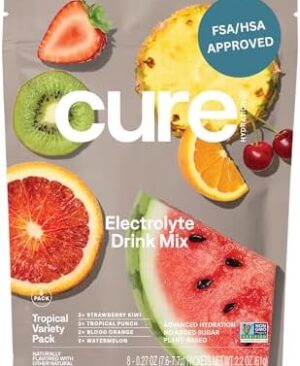 Cure Hydration - Electrolyte Drink Powder Tropical Variety Pack 8 Packets | Plant-Based Dehydration Relief Mix Made with Coconut Water, No Added Sugar, Vegan, Non-GMO, Gluten Free, FSA-HSA Eligible